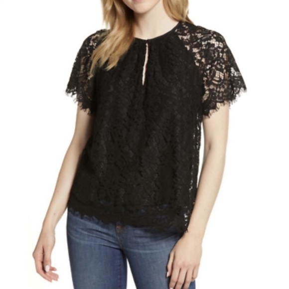 J. Crew Black Lace Keyhole Short Scalloped Sleeve Top - S - Picture 4 of 14